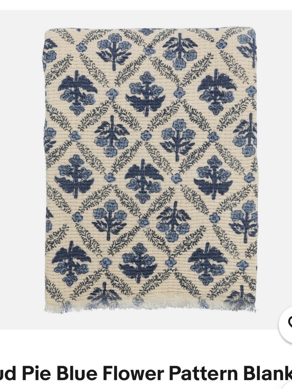 NWT!  Mud Pie Blue Floral Block Print Throw.   New in the package